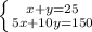 \left \{ {{x+y=25} \atop {5x+10y=150}} \right.