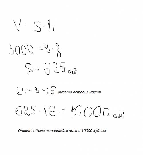 Вцилиндр высотой 24 см налили жидкость обьемом 5000см3 до уровня 8см. чему равен обьем(см3) оставшей