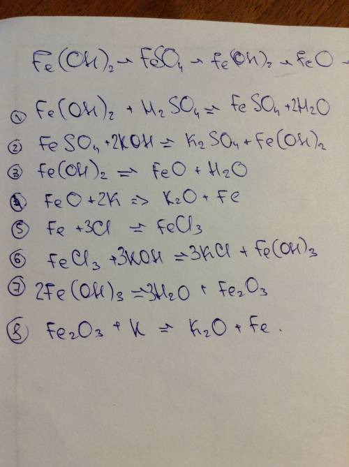 Осуществить превращения: fe(oh)2-feso4-fe(oh)2-feo-fe-fecl3-fe(oh)3-fe2o3-fe