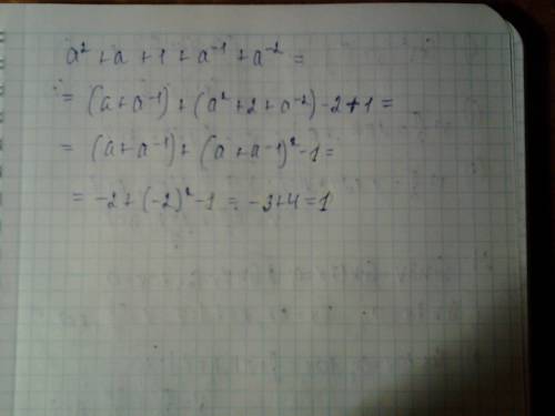 Известно, что a + a^(-1)= -2. найдите значение выражения а^2+а+1+а^(-1)+а^(-2)