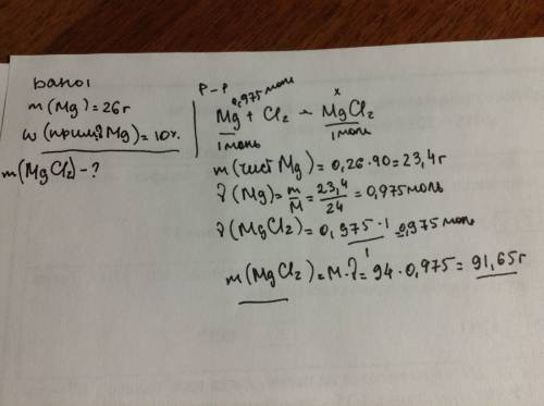 Найти массу хлорида магния, образовавшегося в реакции 26 г магния, содержащего 10% негорючих примесе