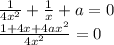 \frac{1}{4x^2}+ \frac{1}{x}+a=0&#10;\\\&#10;\frac{1+4x+4ax^2}{4x^2}=0