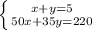 \left \{ {{x+y=5} \atop {50x+35y=220}} \right.