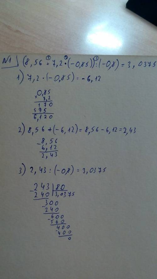 Сделайте действиями и столбиками,заранее 1. (8,56+7,2*(-0,85)): (-0,8)= 2. 8,62-12,8: (-2,4-0,8)= 3.