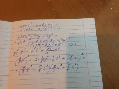 Разложите на множители: 0,04t^2-0,4tx+x^2 0,25t^2-3ty+9y^2 4/25y4 + y^2t^3 + 25/16t^6