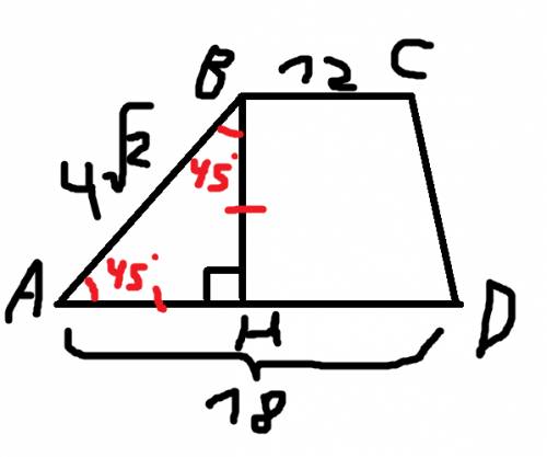 Основания трапеции равны 18 и 12,одна из боковых старон равна 4√2, а угол между ней и одни им из осн