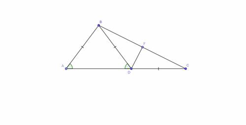 Втреугольнике авс на стороне ас отмечена точка d такая, что ab=bd=dc. отрезок df – медиана треугольн