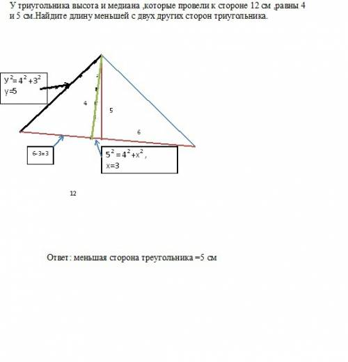 Утриугольника высота и медиана ,которые провели к стороне 12 см ,равны 4 и 5 см.найдите длину меньше