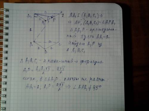 Все ребра прямой треугольной призмы abca1b1c1 равны. точка р - середина ребра в1с1 призмы. верно ли,