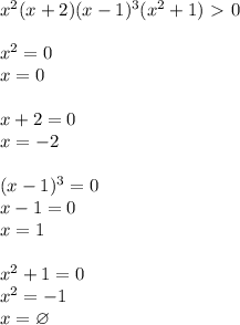 x^2(x+2)(x-1)^3(x^2+1)\ \textgreater \ 0\\\\&#10;x^2=0\\&#10;x=0\\\\&#10;x+2=0\\&#10;x=-2\\\\&#10;(x-1)^3=0\\&#10;x-1=0\\&#10;x=1\\\\&#10;x^2+1=0\\&#10;x^2=-1\\&#10;x=\varnothing