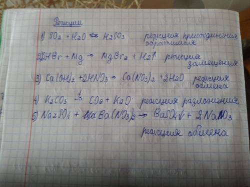 Нужна ! составить уравнения, указать тип реакций 1) оксид серы (iv) + вода = сернистая кислота 2) бр