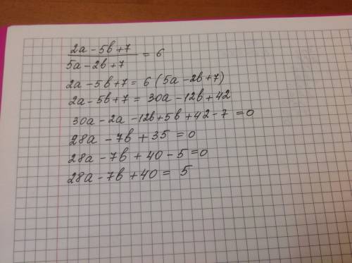 Как это решать? найдите значение выражения 28a-7b+40 если (2a-5b+7)/(5a-2b+7) все это выражение равн