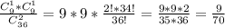 \frac{C_{9}^1*C_{9}^1}{C_{36}^2} = 9*9*\frac{2!*34!}{36!}=\frac{9*9*2}{35*36} =\frac{9}{70}