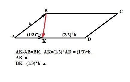 На стороне ad параллелограмма abcd отмечена точка k так что ak: kd=1: 2. выразить вектор bk через ве