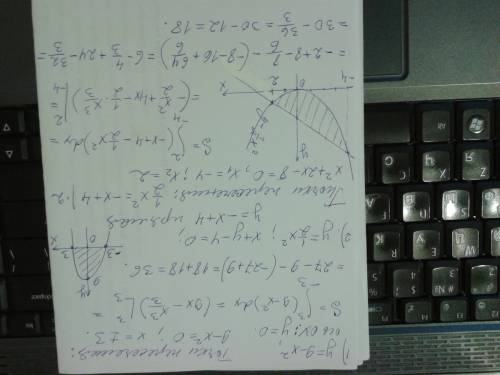 Вычислить площадь фигуры ограниченной линиями! 1) y=9- x^2 с осью ox 2) y=1/2 x^2, x+y-4=0