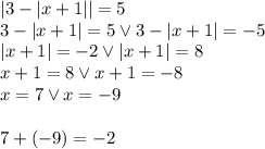 |3-|x+1||=5 \\&#10;3-|x+1|=5 \vee 3-|x+1|=-5\\&#10;|x+1|=-2 \vee |x+1|=8\\&#10;x+1=8 \vee x+1=-8\\&#10;x=7 \vee x=-9\\\\&#10;7+(-9)=-2&#10;&#10;