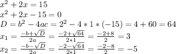 x^2+2x=15 \\ x^2+2x-15=0 \\ D=b^2-4ac=2^2-4*1*(-15)=4+60=64 \\ x_1= \frac{-b+ \sqrt{D}}{2a}= \frac{-2+ \sqrt{64}}{2*1}= \frac{-2+8}{2}=3 \\x_2= \frac{-b- \sqrt{D}}{2a}= \frac{-2- \sqrt{64}}{2*1}= \frac{-2-8}{2}=-5