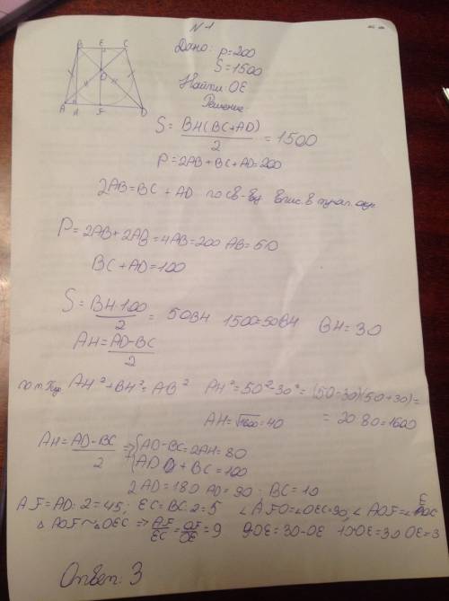 Вр/б трапеции р=200,s=1500, можно вписать окружность.найдите расстояние от точки пересечения до мень