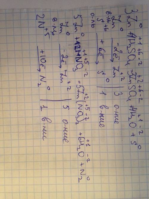 Cоставить электронный и расставить коэффициенты 1)zn+h2so4=znso4+ h2o+s 2)zn+hno3=zn(no3)2+h2o+n2