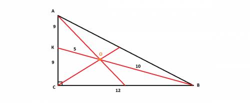 Впрямоугольнои треугольнике abc(угол с=90 градусов, медианы пересекаются в точке о, ob=10см,bc=12 см