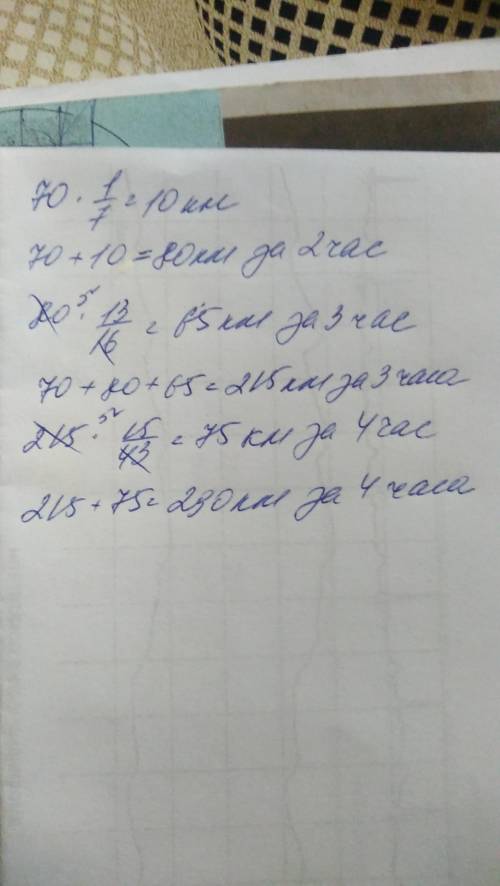 257. 1) за першу годину автомобіль проїхав 70 км, за другу на 1/7 більше, ніж за першу, за третю - 1