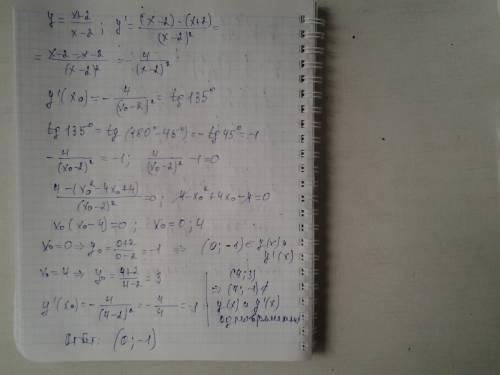 Найти все точки графика функции y = (x+2)/(x-2) в каждой из которых касательная к графику образует у