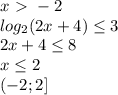 x\ \textgreater \ -2\\log_{2} (2x+4) \leq 3\\2x+4 \leq 8\\x \leq 2\\(-2;2]