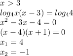 x\ \textgreater \ 3\\log_4x(x-3)=log_44\\x^2-3x-4=0\\(x-4)(x+1)=0\\x_1=4\\x_2=-1