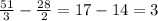 \frac{51}{3} - \frac{28}{2} = 17 - 14 = 3