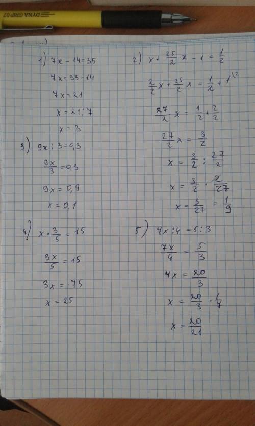 )1)7х-14=35 2)x+25/2x-1=1/2 3)9x: 3=-0,3 4)найдите число которое 3/5 чати равен 15 5)решите уравнени