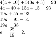 4(a+10)+5(3a+3)=93\\4a+40+15a+15=93\\19a+55=93\\19a=93-55\\19a=38\\a=\dfrac{38}{19}=2.