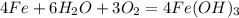 4Fe + 6H_2O + 3O_2 = 4Fe(OH)_3