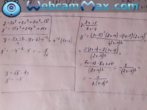 Плз найдите производные функции: a)y=3x^5+8x^3+7x^2-√3 б)у=5х-2/4 в)у=7/х+3√х-tg x г)у=3х-5/2х-4 д)у