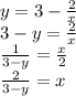 y = 3 - \frac{2}{x} \\&#10;3 - y = \frac{2}{x} \\&#10;\frac{1}{3-y} = \frac{x}{2} \\&#10;\frac{2}{3-y} = x