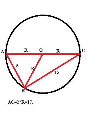 Ас — диаметр окружности с центром о, к — точка этой окружности. найдите периметр треугольника аок, е