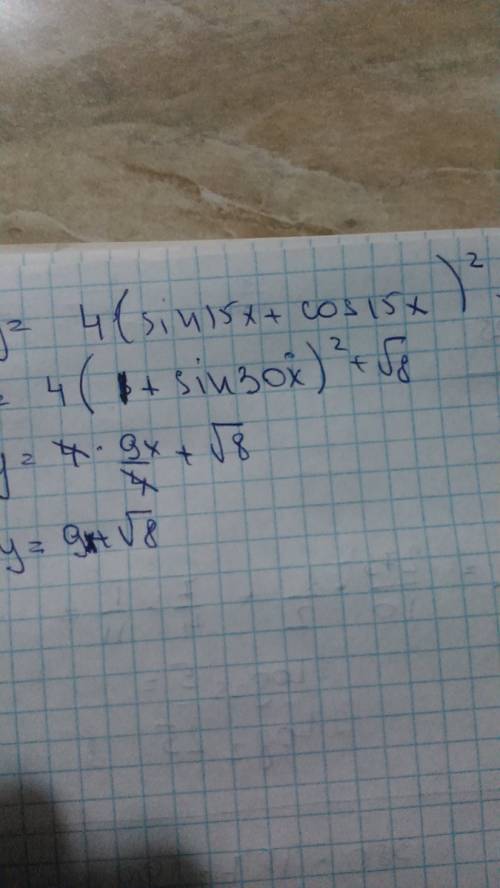 Найти наибольшее целое значение функции y=4(sin15x+cos15x)^2+корень из 8;