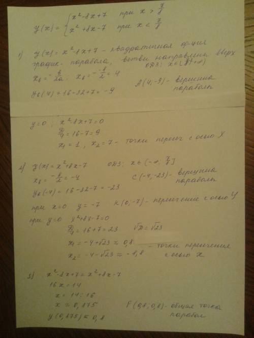 Постройте график функции у=х^2 - |8x-7| и определите, при каких значениях m прямая y=m имеет с графи