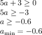 5a+3 \geq 0 \\\ 5a \geq -3 \\\ a \geq -0.6&#10;\\\&#10;a_{\min}=-0.6