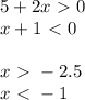 5+2x \ \textgreater \ 0 \\&#10;x + 1 \ \textless \ 0\\\\x\ \textgreater \ -2.5\\x\ \textless \ -1