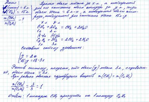 Для полного сгорания (до co₂ и h₂o) 6 л смеси ch₄ и c₂h₄ требуется 15 л o₂ (объемы измерены при один