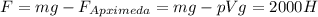 F=mg- F_{Apximeda}=mg-pVg=2000 H