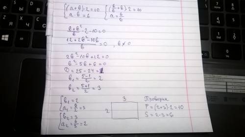 Как найти стороны прямоугольника, если p = 10, а s = 6? не методом подбора!