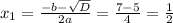 x_{1}= \frac{-b- \sqrt{D} }{2a}= \frac{7-5}{4}= \frac{1}{2}