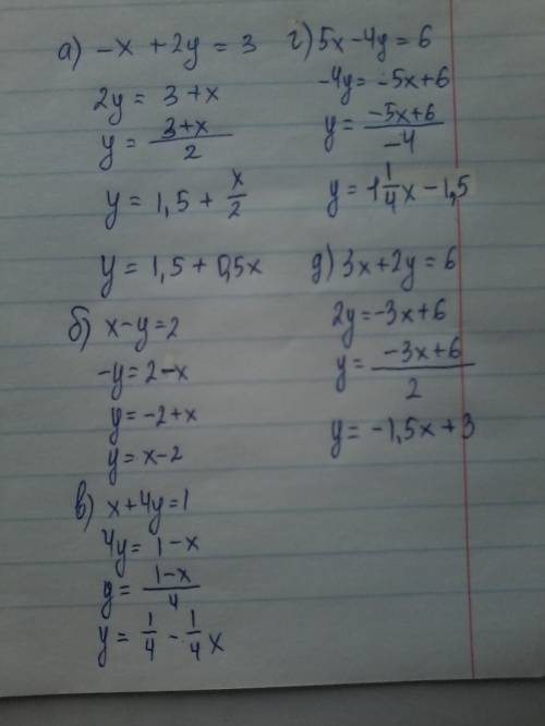 Выразите y через x а)-x+2y=3 б)x-y=2 в)x+4y=1 г)5x-4y=6 д)3x+2y=6