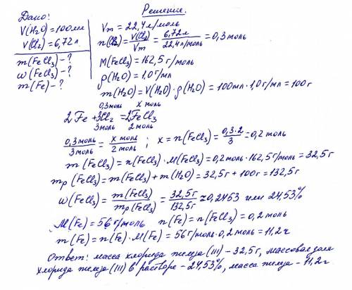 Рассчитайте массу железа необходимого для реакции с хлором объемом 6,72 л(н.у). какова масса получен