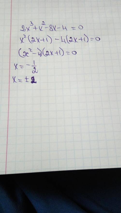 Должно получиться -2; ½; 2. 2x³+x²-8x-4=0