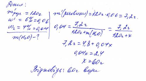 Лаборант приготував 120 г розчину, в якому масова частка солі становить 6%. скільки води потрібно до