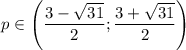 p \in \left(\dfrac{3-\sqrt{31}}{2};\dfrac{3+\sqrt{31}}{2}\right)