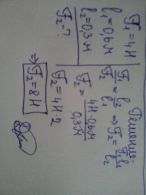 Плечи рычага 0,3 и 0,6 м . на большее плечо действунт сила ,4 найдите силу действующую на меньшее пл
