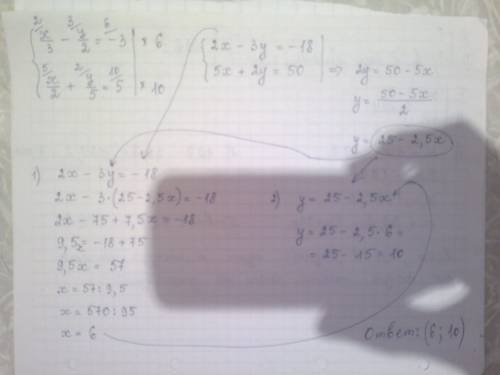 Решить систему уравнений подстановки: {x/3-y/2=-3{x/2+y/5=5 объясните как это решается